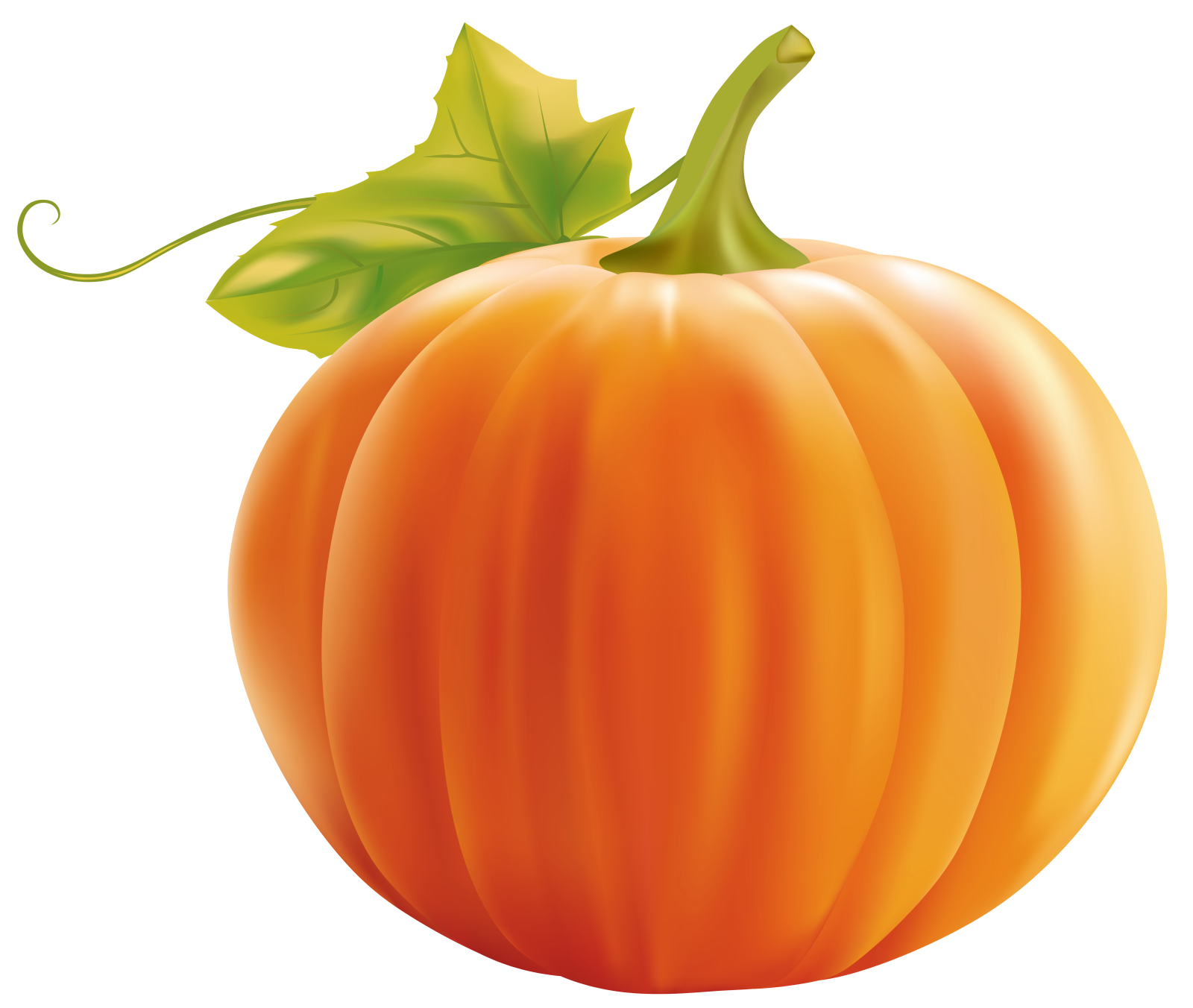an orange pumpkin with green leaves on it