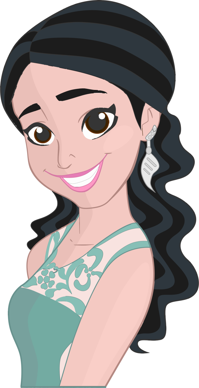 a woman with long black hair wearing a green dress