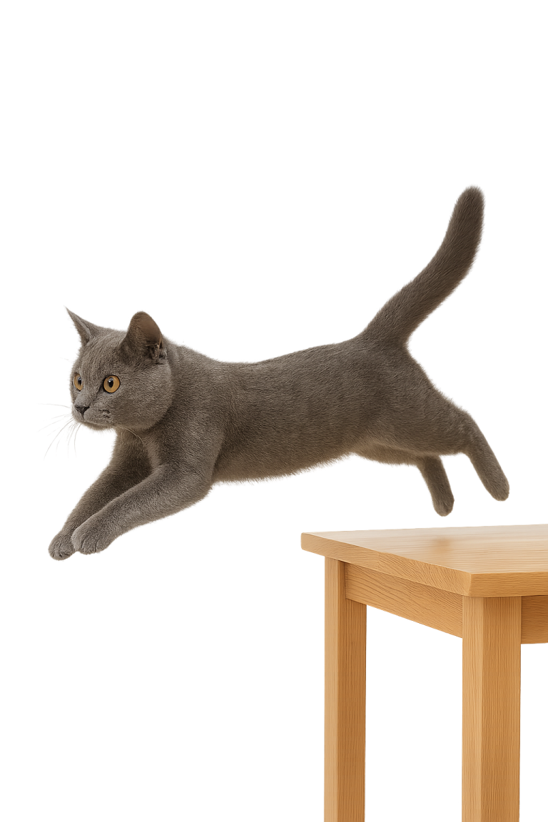 a gray cat jumping over a wooden table
