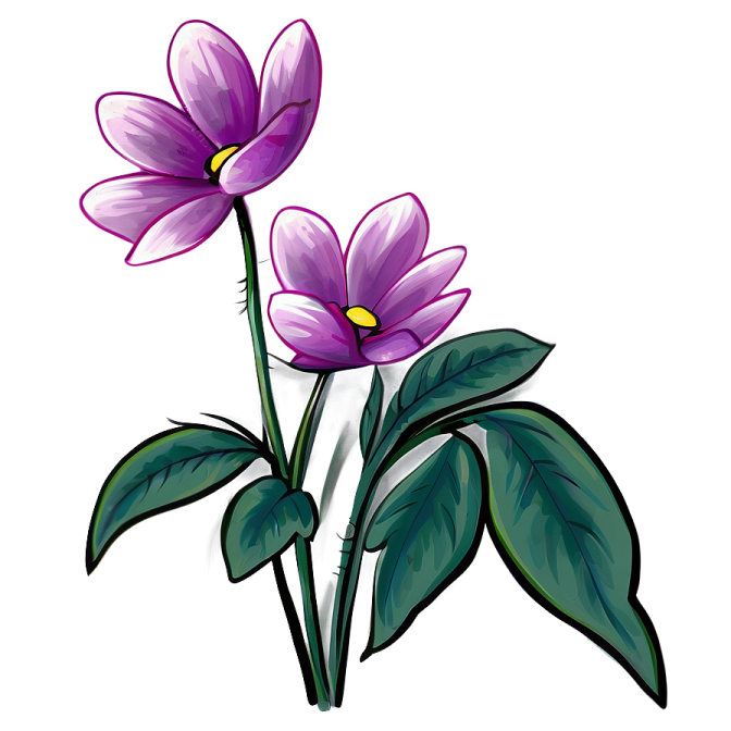 two purple flowers with green leaves