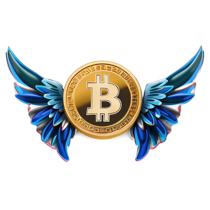 a bit coin with wings around it