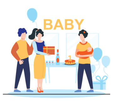 a man and woman standing in front of a baby box