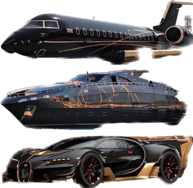 a black and gold colored car next to an airplane