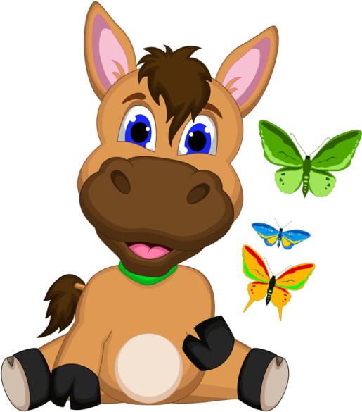 a cartoon horse with butterflies flying around