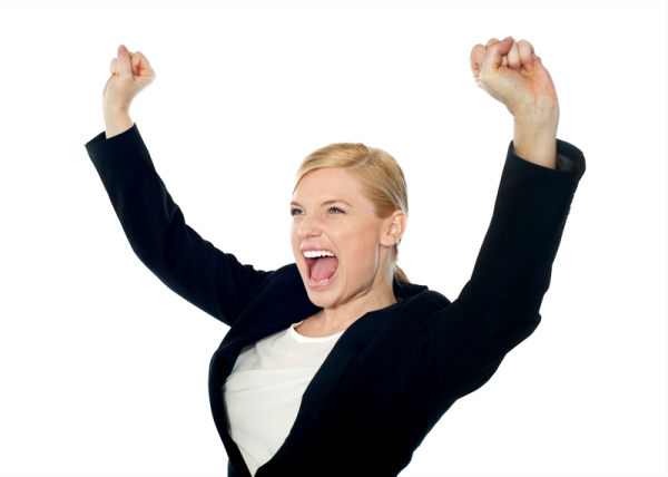 a woman with her hands up in the air