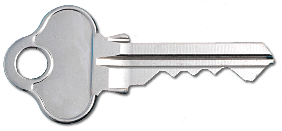 a silver key on a white background