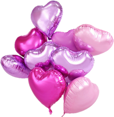 a bunch of pink and purple heart shaped balloons