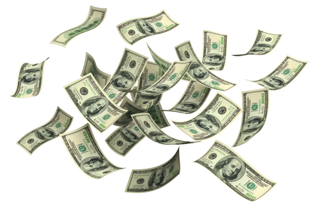 a pile of money falling into the air