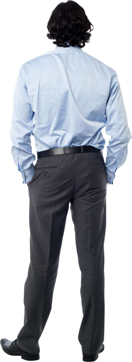 a man in a blue shirt and black pants