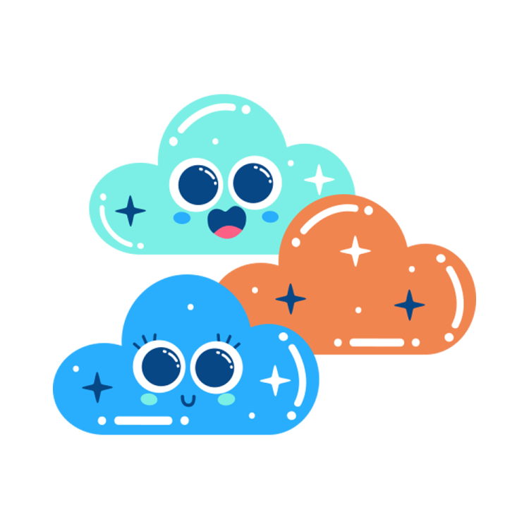 three colorful clouds with eyes and stars on them