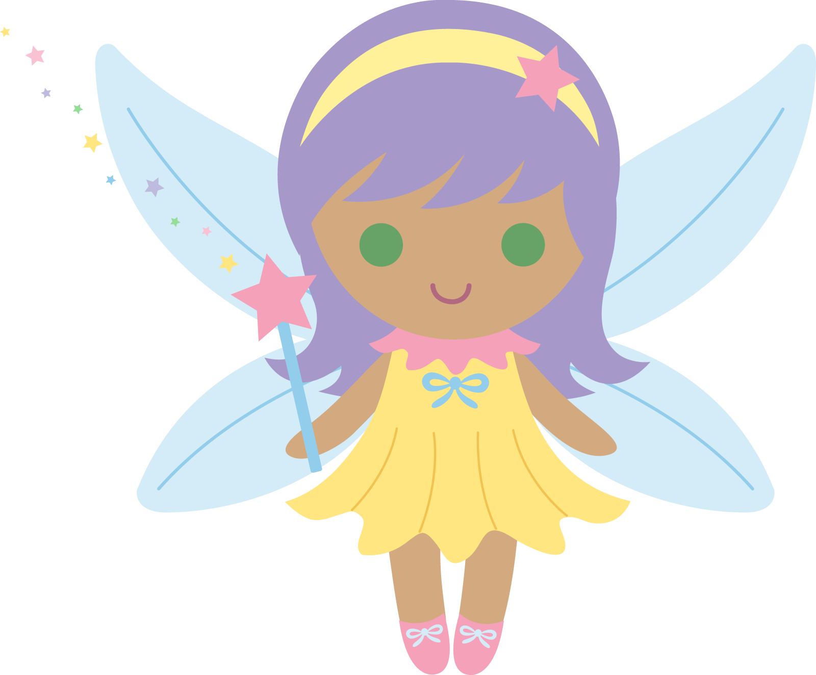 a cute little fairy with purple hair and green eyes