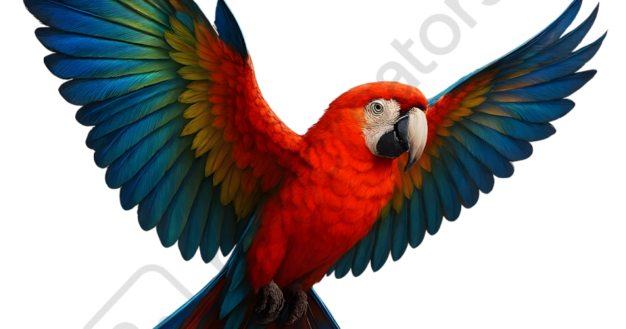 a red and blue parrot with its wings spread