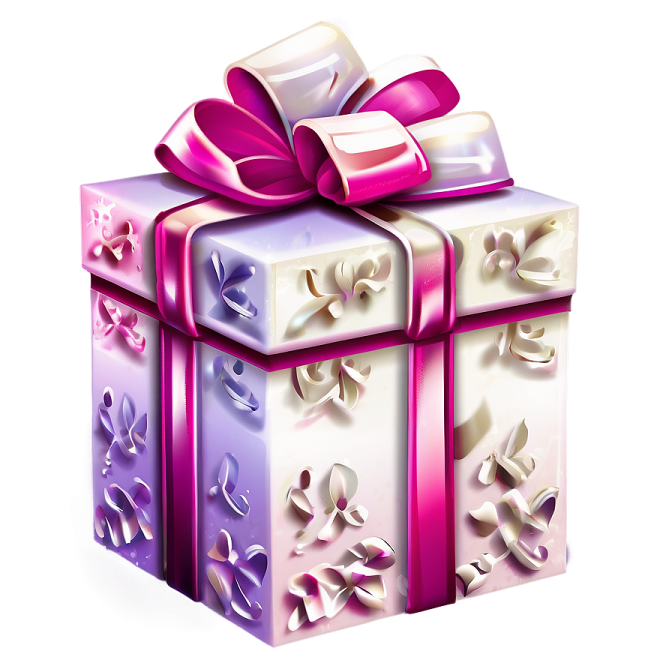 a purple and white gift box with a pink bow