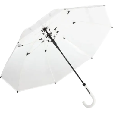 a white umbrella with black birds on it