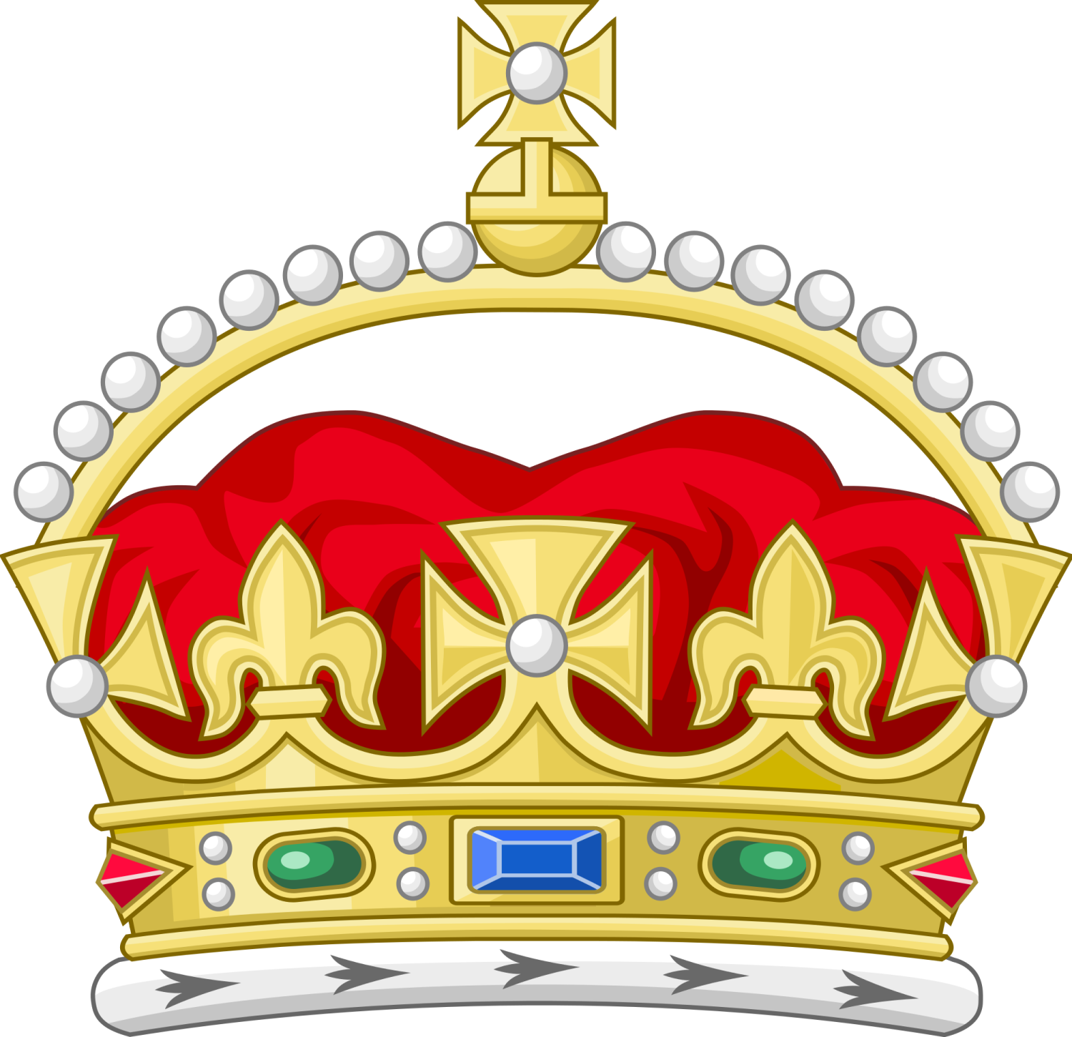 a gold crown with red and blue accents
