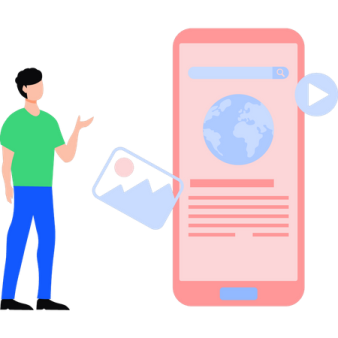 a man standing next to a phone with the earth on it