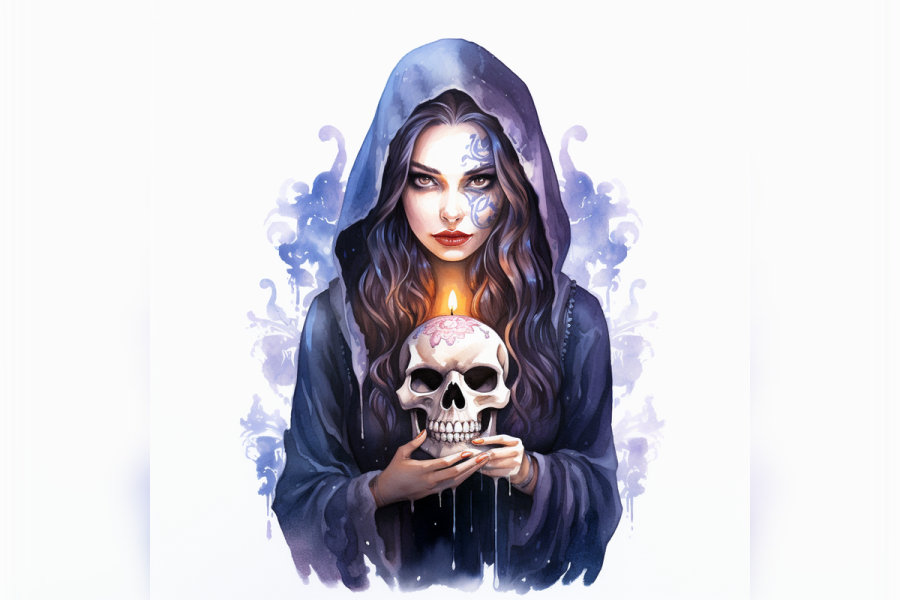 a girl holding a skull in her hands