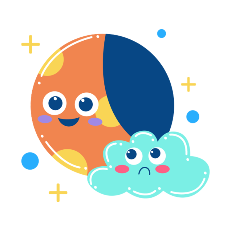 a cartoon moon and cloud with two eyes