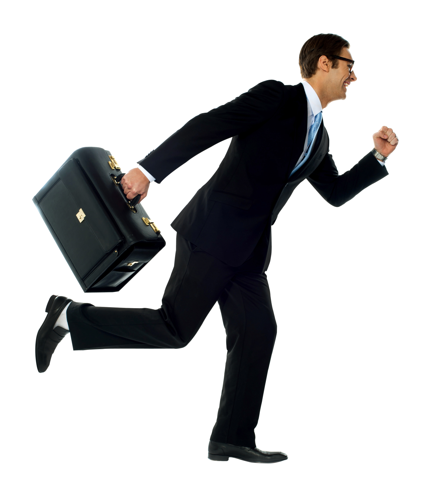 a man in a suit and tie running with a briefcase