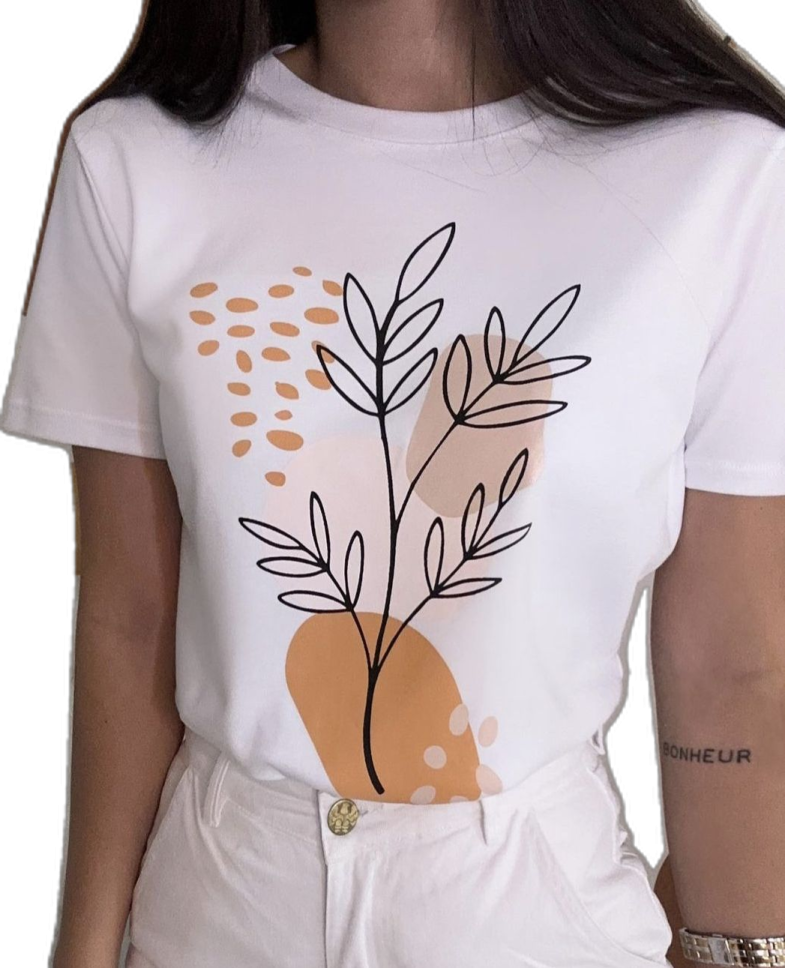 a woman wearing a white t - shirt with a plant on it