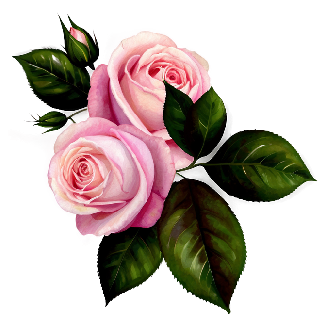 two pink roses with green leaves on white background