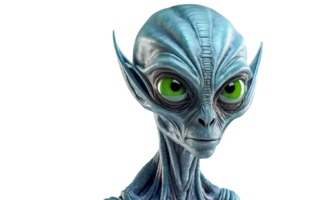 an alien head with green eyes