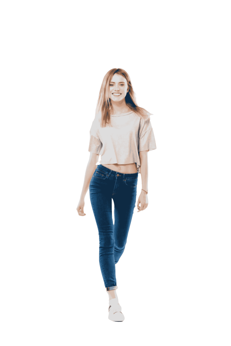 a woman in a white top and blue jeans