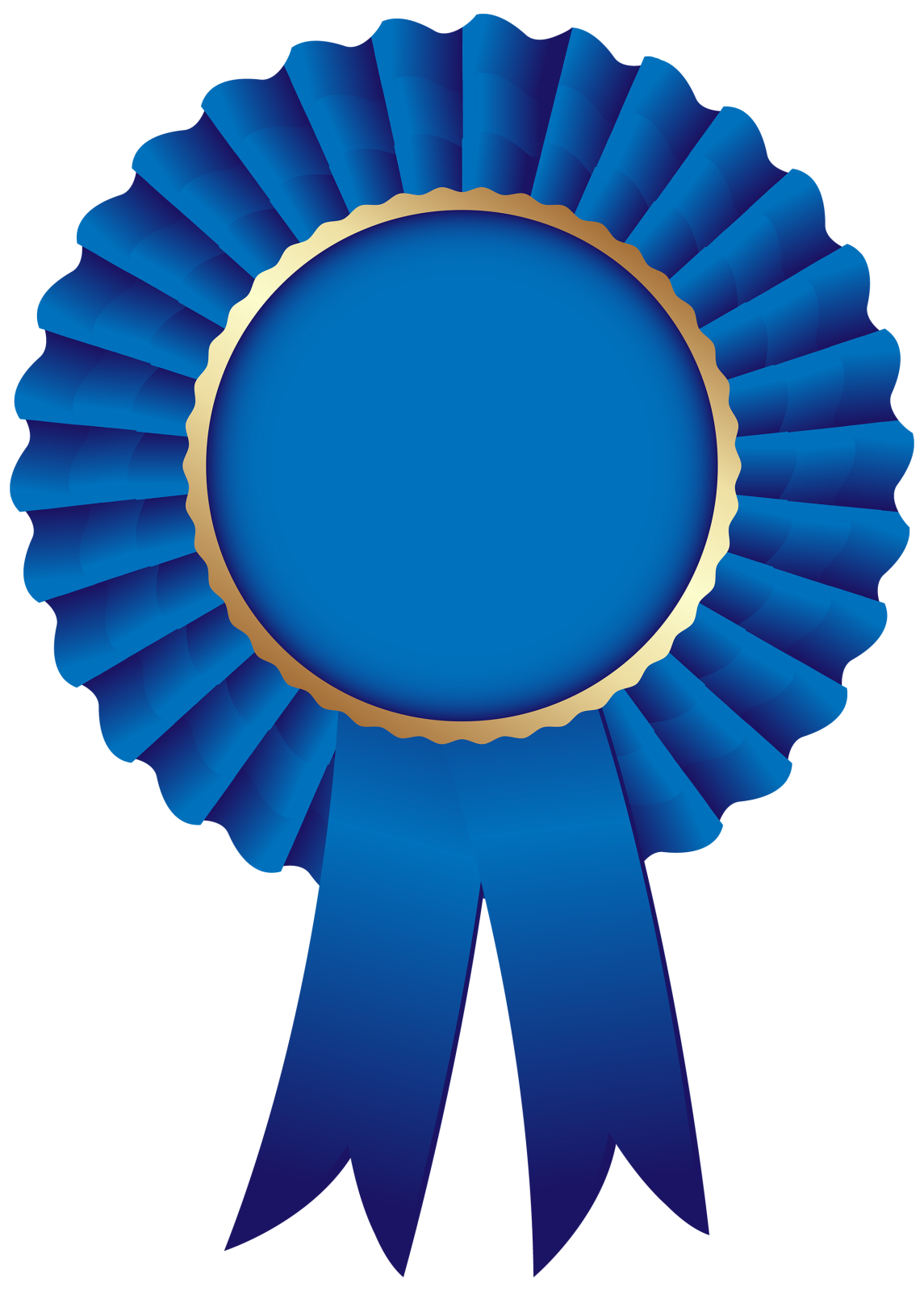 a blue rosette with a gold medal