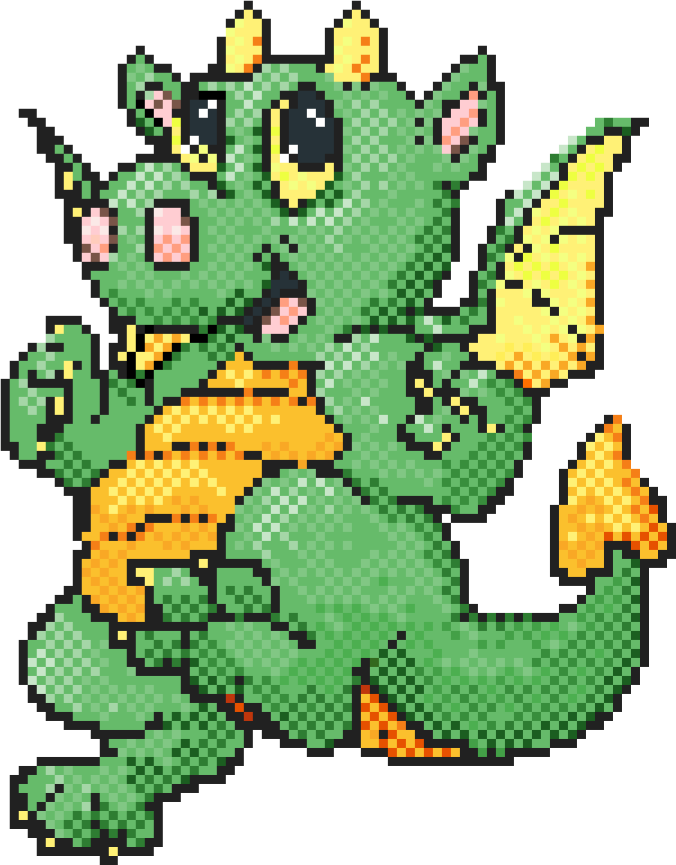 a pixel art of a green and yellow pokemon