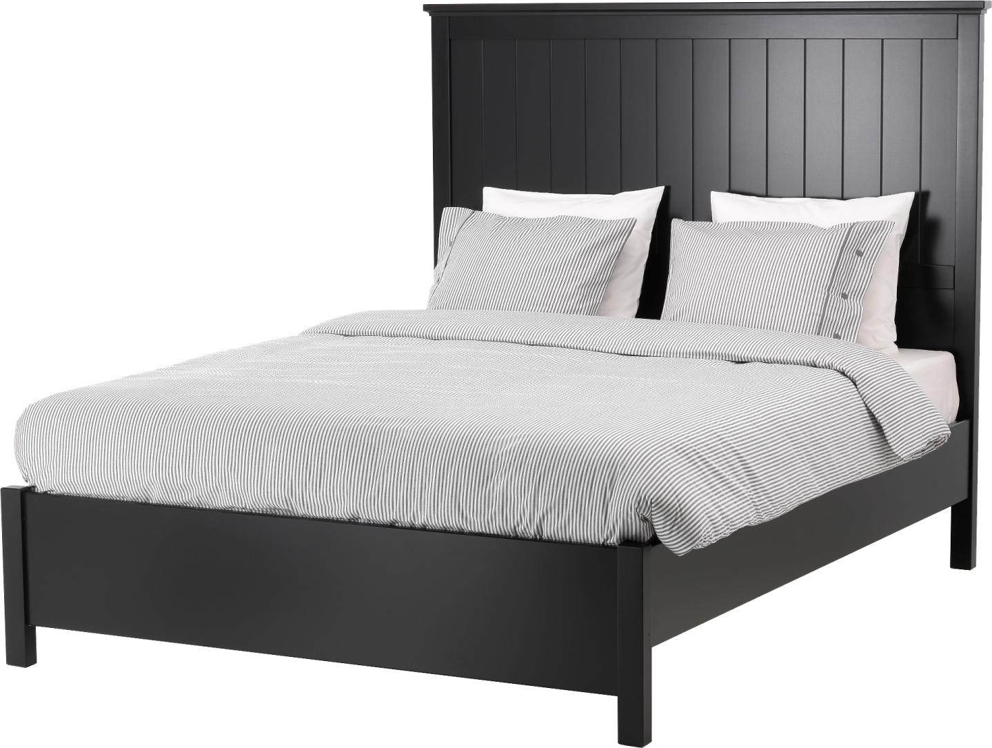 a black bed with white sheets and pillows