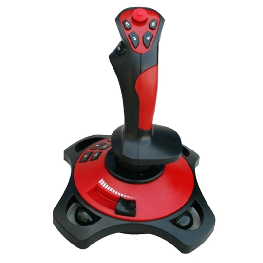 a red and black game controller on a white background