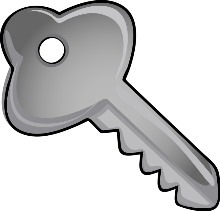 a silver key with a white background