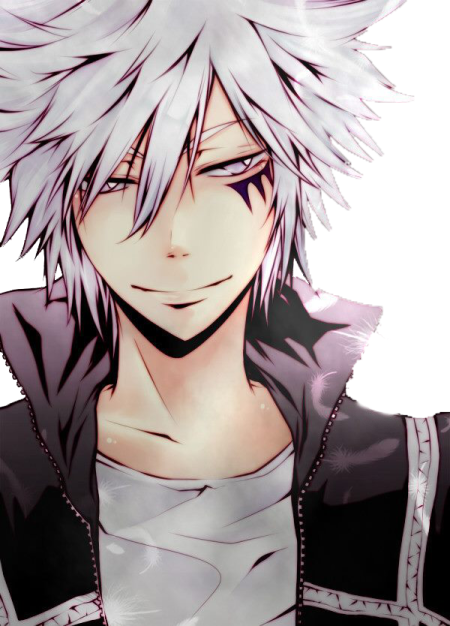 an anime character with white hair and black eyes