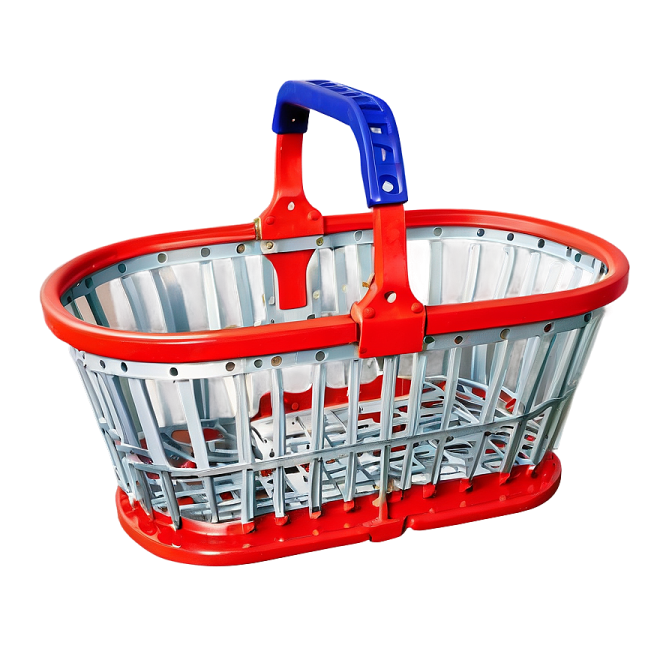 a red plastic basket with a blue handle