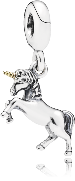 a silver charm with an image of a unicorn