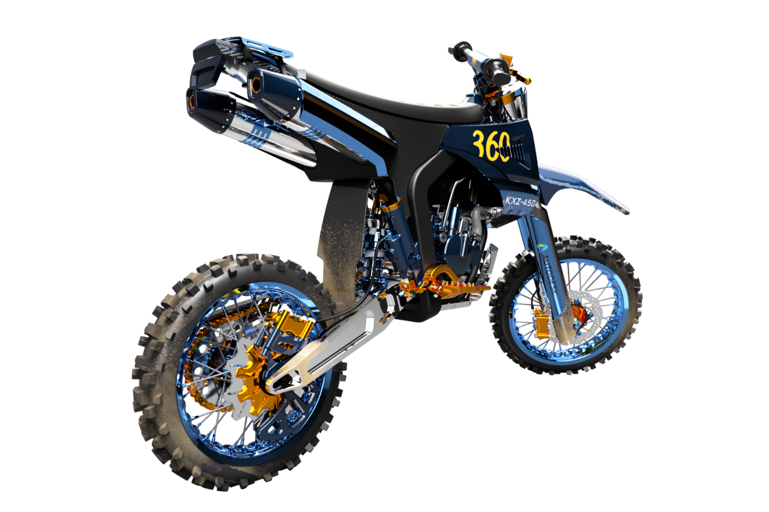 a black and blue dirt bike on white background
