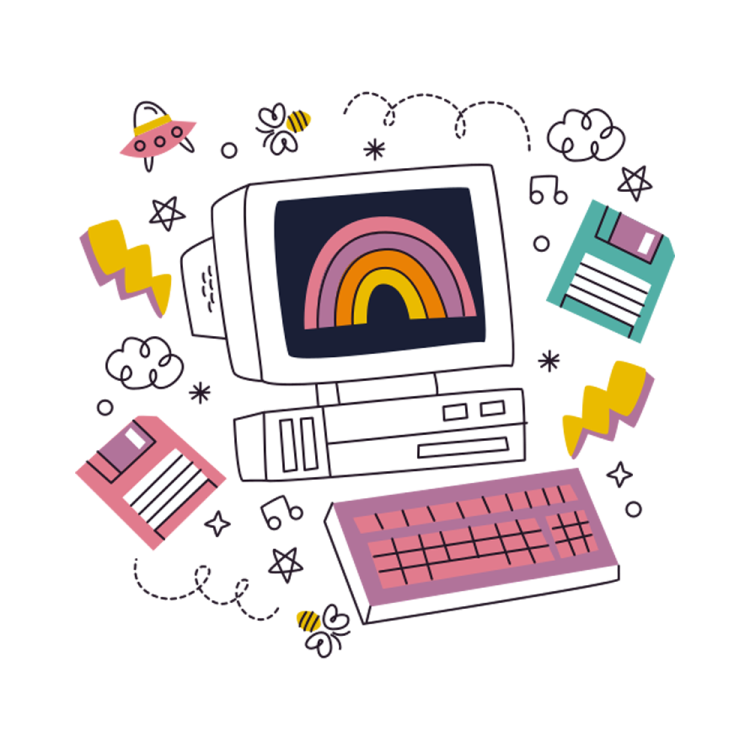 an illustration of a computer with a rainbow on the screen