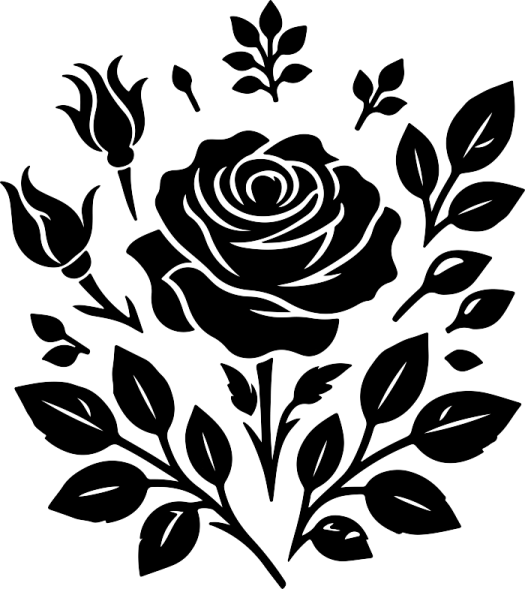 a black rose with leaves on a white background