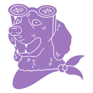 a purple dog with glasses and a bow