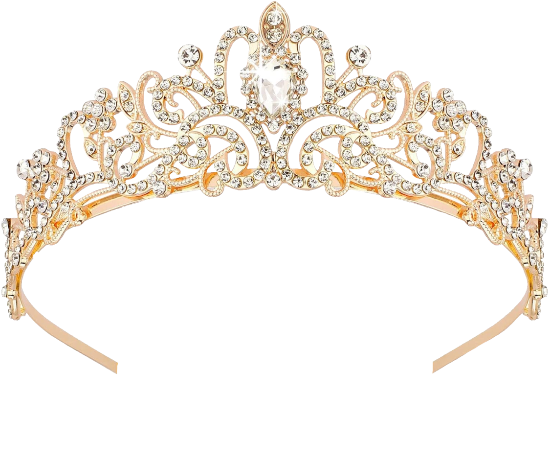 a gold tia with crystals and pearls