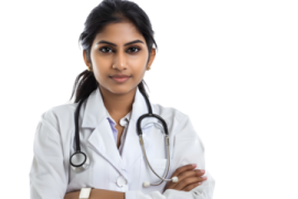 a female doctor standing with her arms crossed