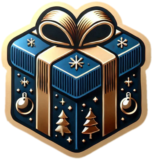 a blue and gold gift box with christmas decorations