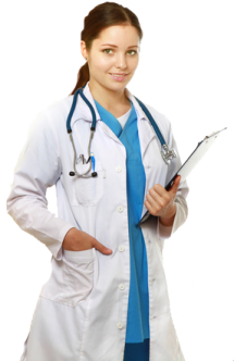 a woman in a white lab coat holding a clipboard