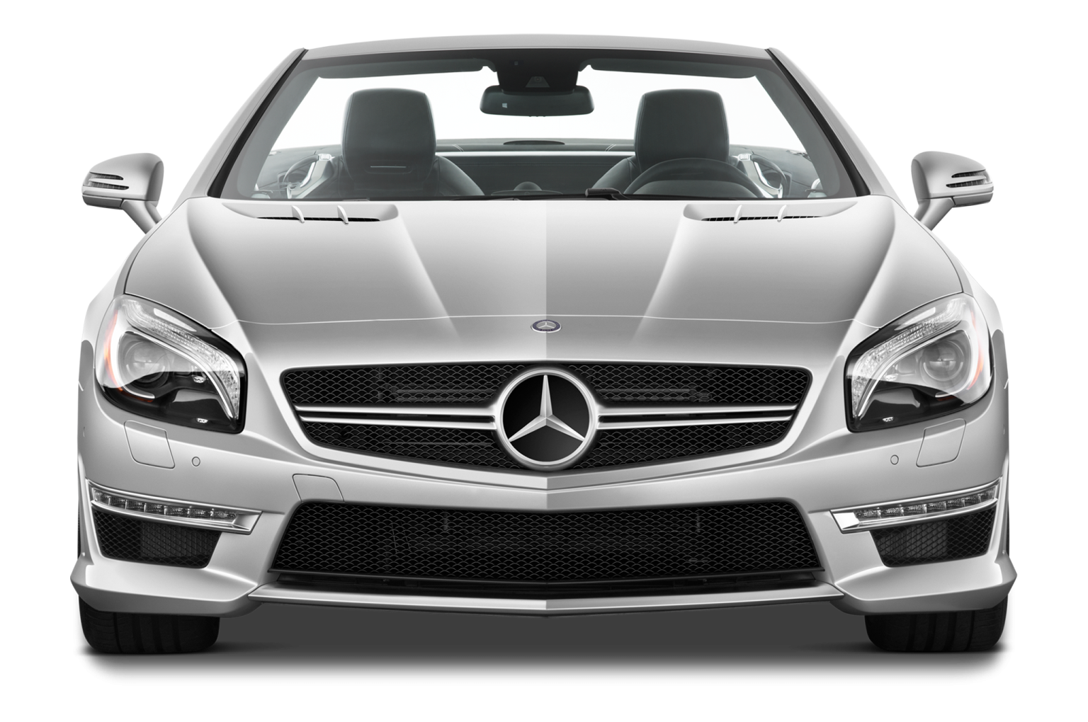 the front view of a silver mercedes slc