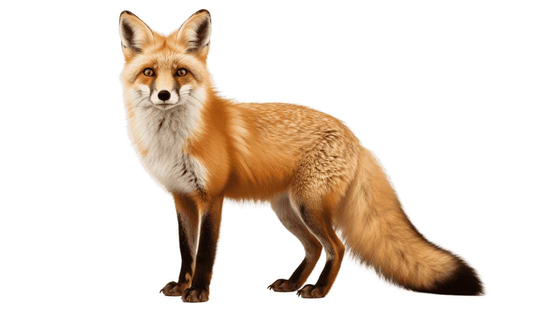 a red fox standing in front of a white background