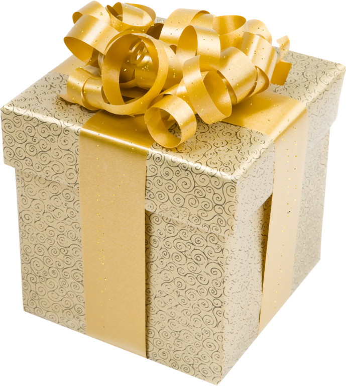 a gold gift box with a bow on top