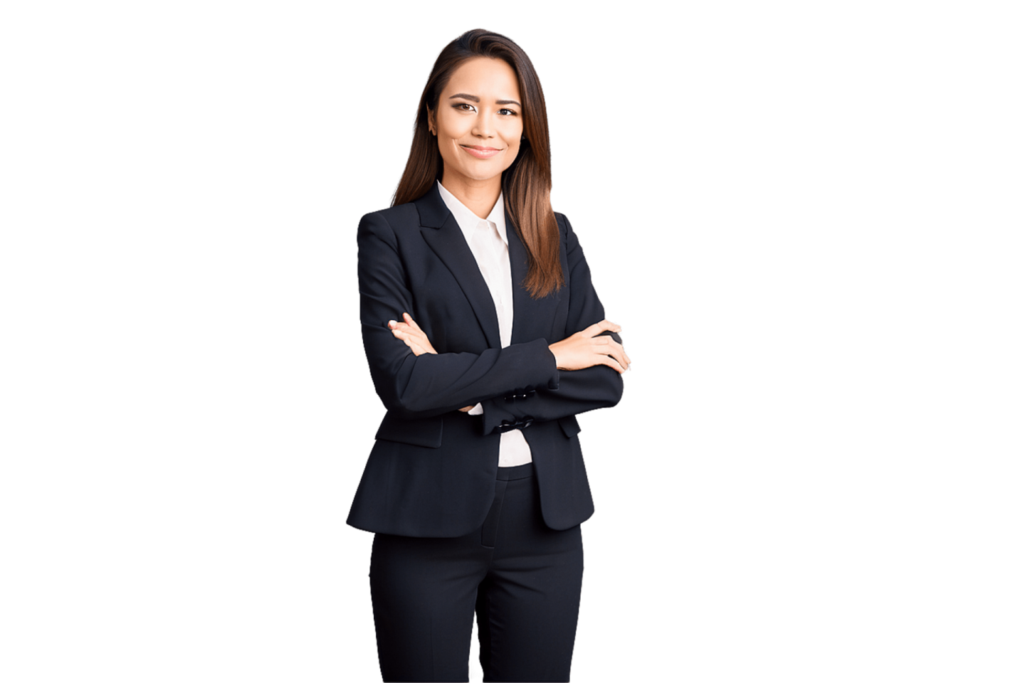a woman in a business suit with her arms crossed