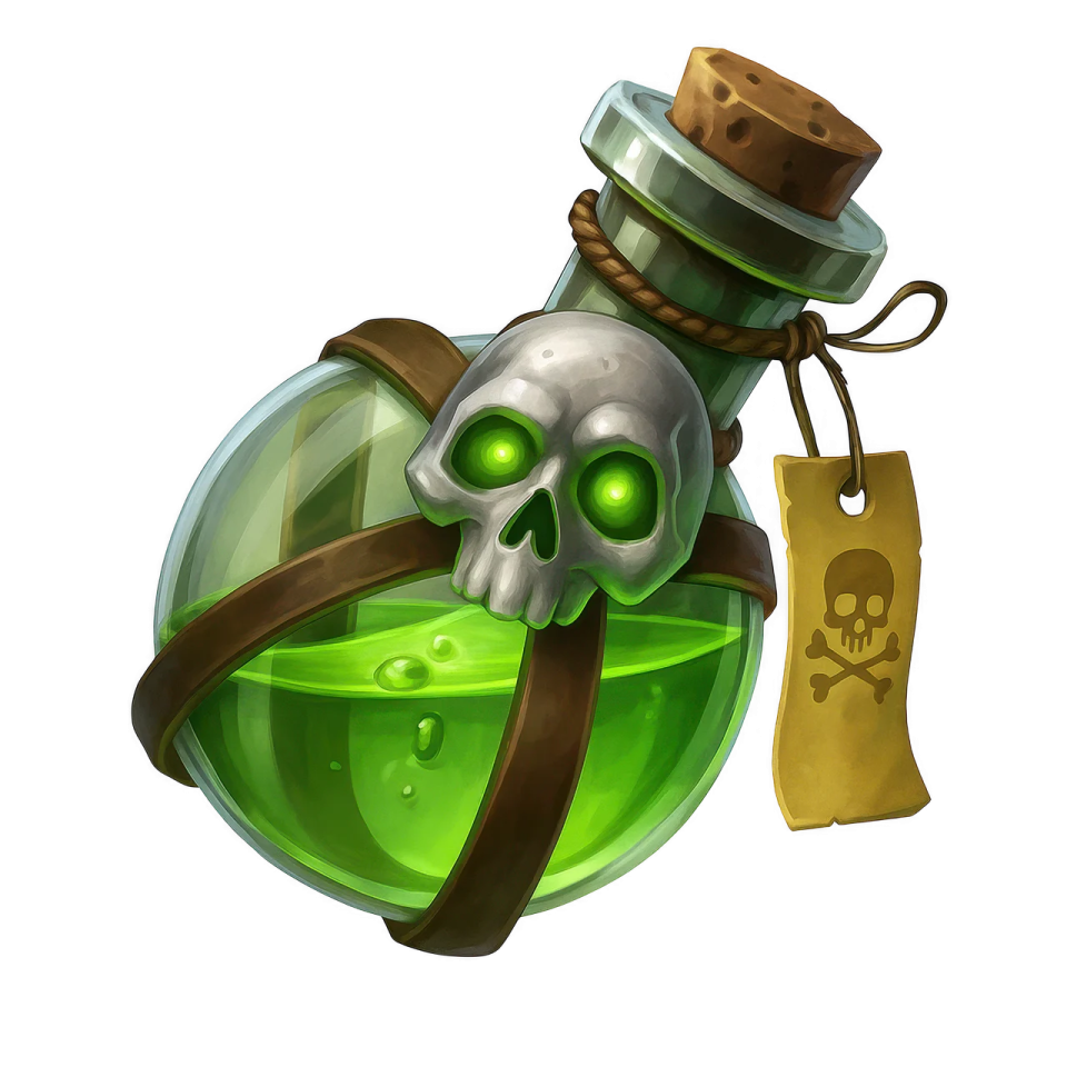 a green potion bottle with a skull inside