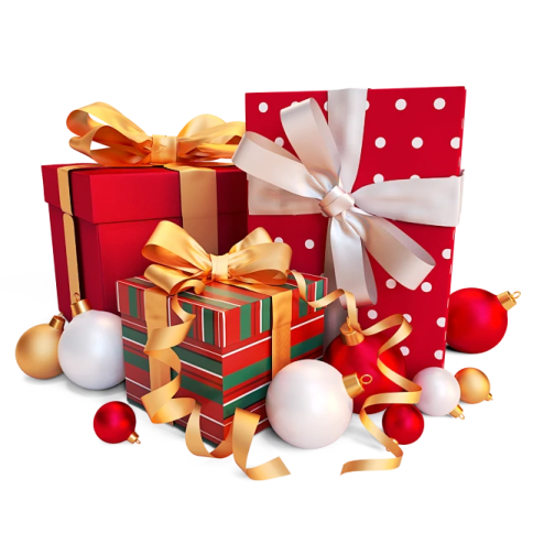 a pile of red and gold christmas presents