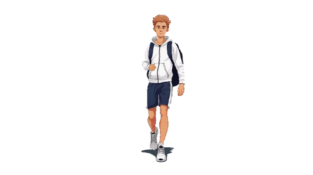 a young boy in a white shirt and blue shorts